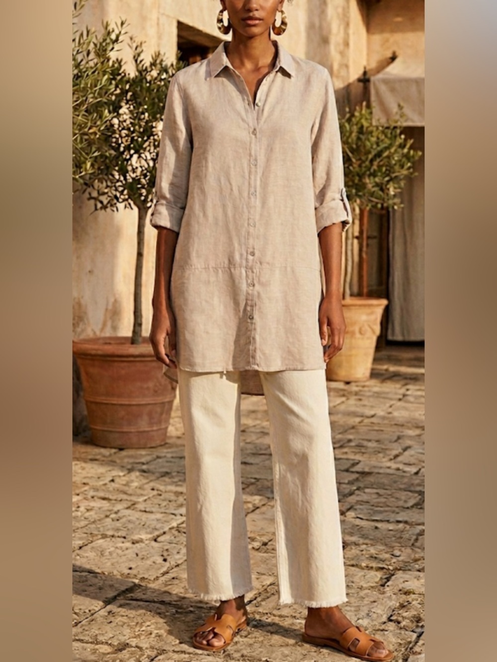 Tahari Tunic Top M 100% Linen Lightweight Button Down Shirt Roll-Tab Sleeves